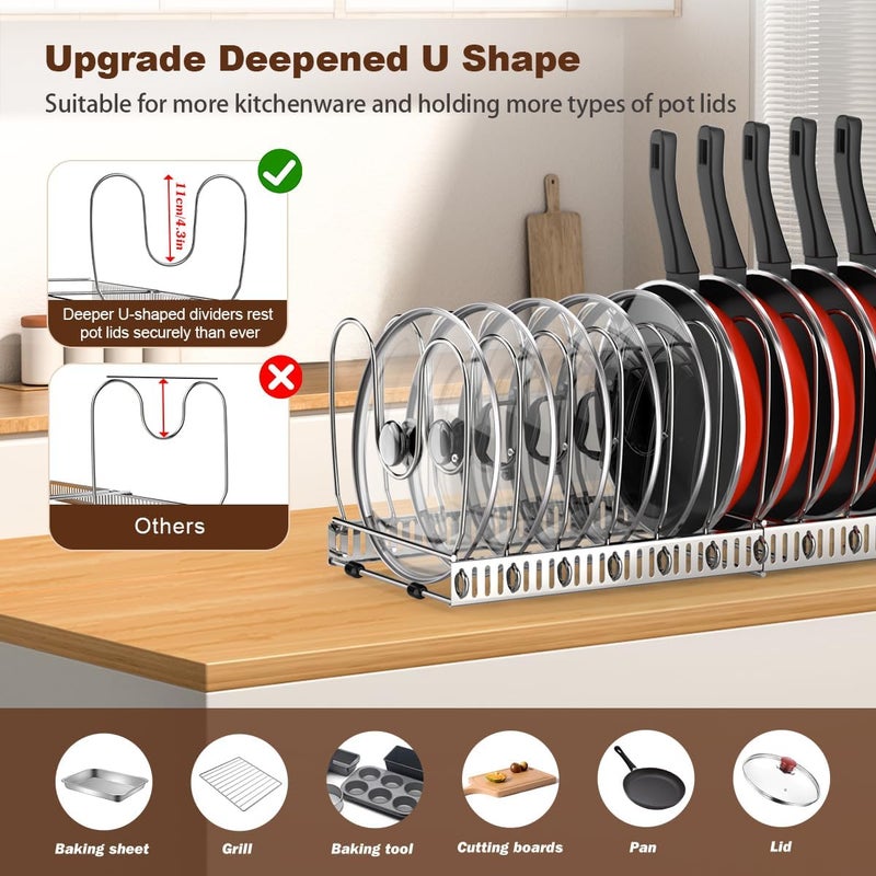 Housolution 2 Pack Pot and Pan Organizer Rack, 12"-23" Expandable Pot Lid Organizer with 14 Adjustable Dividers, Pan Holder Storage Rack for Kitchen Cabinet, Silver - Image 2